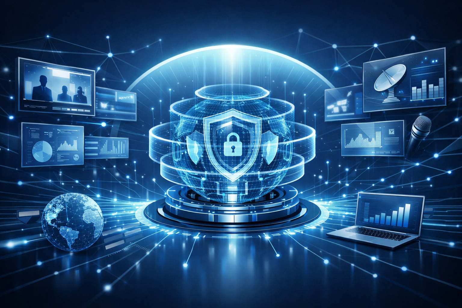 Ilustrao corporativa moderna representando presena na mdia e autoridade em cibersegurana um ambiente digital futurista com um painel central luminoso-2