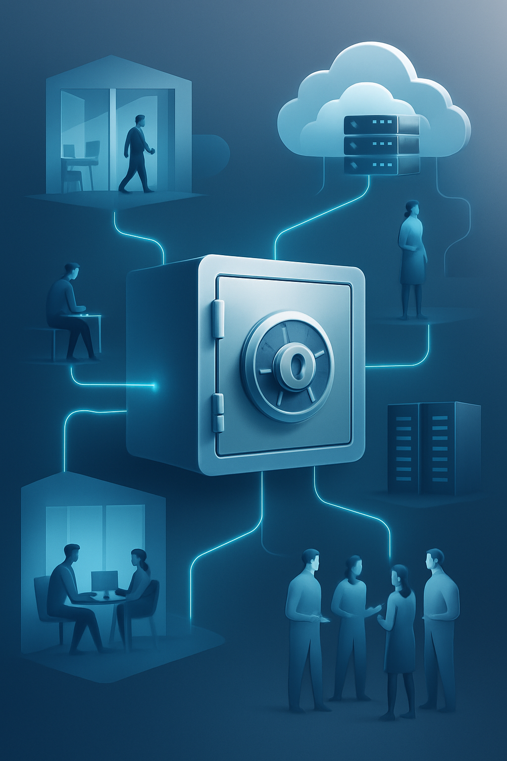 photographic Ilustrao corporativa moderna representando uma soluo de segurana digital para empresas um cofre tecnolgico central conectado a vrios ambi-1 photographic Ilustrao corporativa moderna representando uma soluo de segurana digital para empresas um cofre tecnolgico central conectado a vrios ambi-1