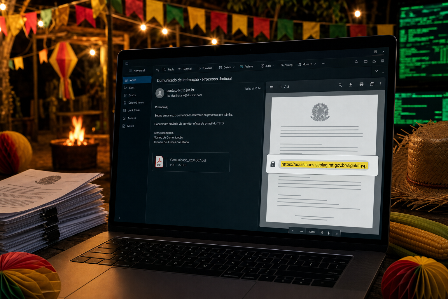 TJTO dispara phishing por SMTP oficial com link .gov.br em PDF limpo