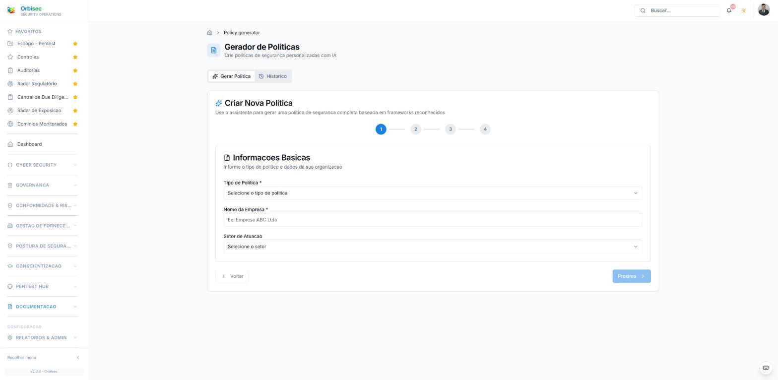 Tela real do Orbisec com a área de políticas e documentos de segurança da empresa