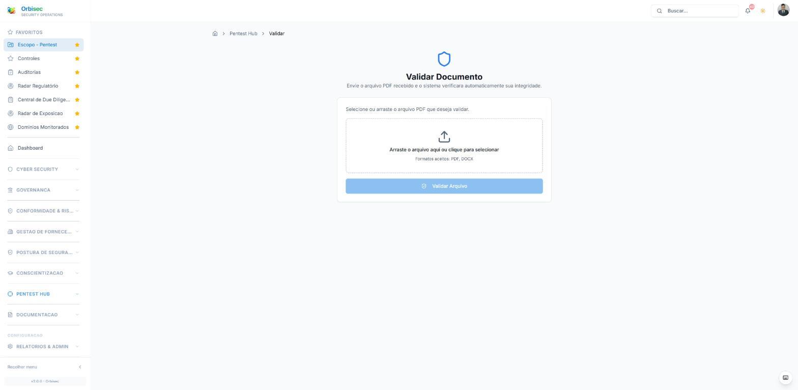 Tela real do Orbisec com a validação de um laudo de pentest por hash SHA-256
